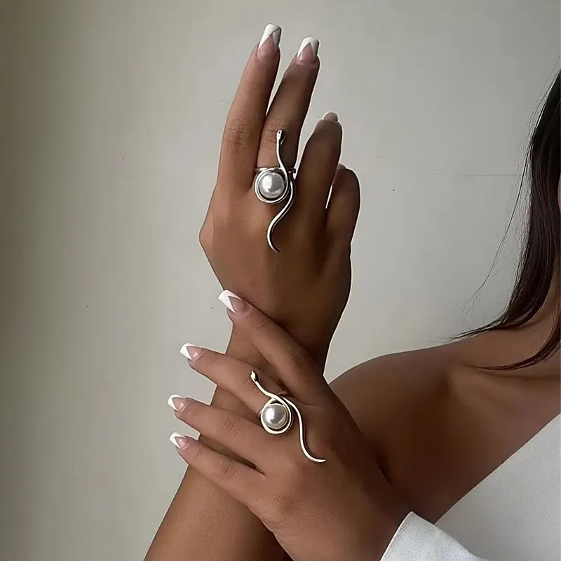 Wholesale White Pearl Snake Charm Finger Band Rings Open