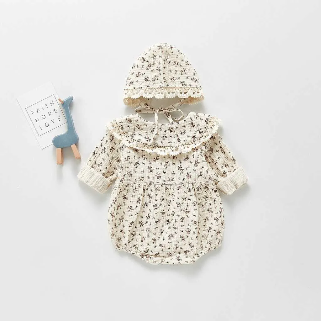 Conjuntos de roupas recém-nascidos menina algodão floral boneca renda colarinho manga longa princesa macacão chapéu terno roupas do bebê conjunto anos velho
