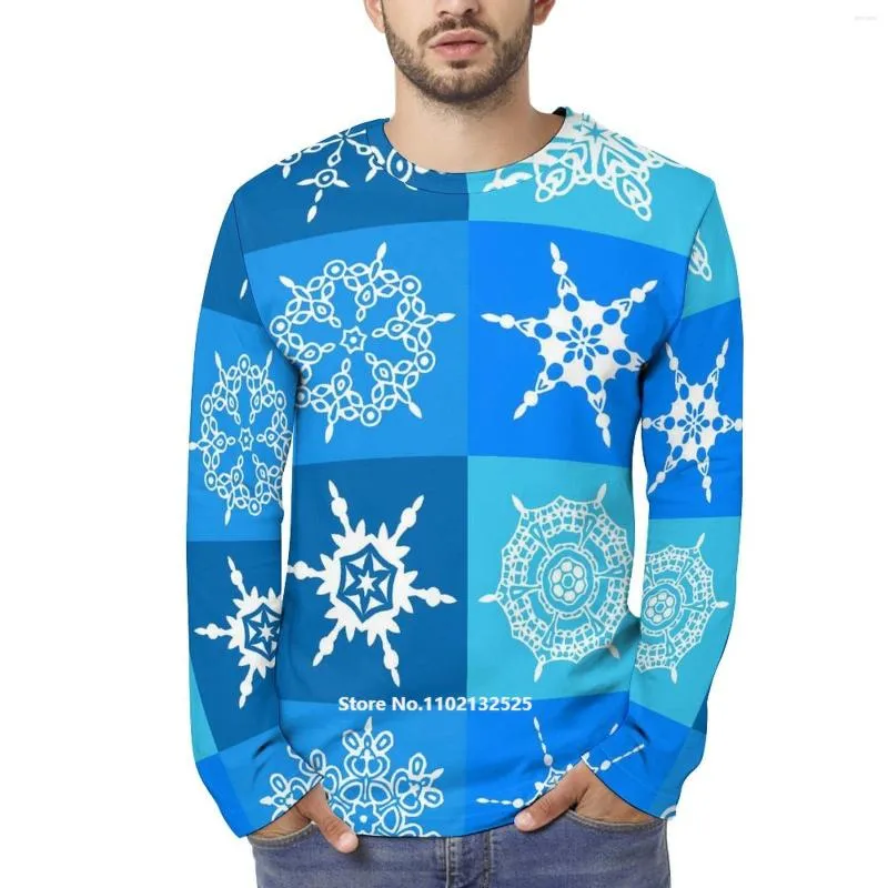 Men's T Shirts Blue Snowflakes Men Long Sleeve Shirt Print Snow Pattern Fashion Lightweight Streetwear Tops Tshirts