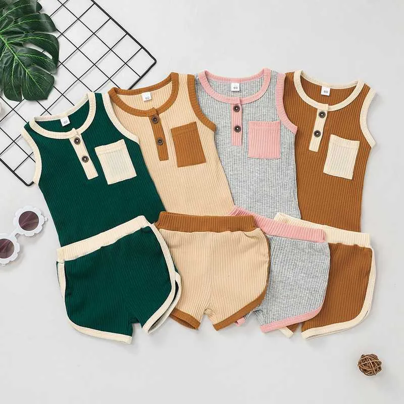 Kleding baby kinderen babyjongens sets mode contrast kleur knoppen pocket mouwloze tanktelastische taille shorts pc's pak