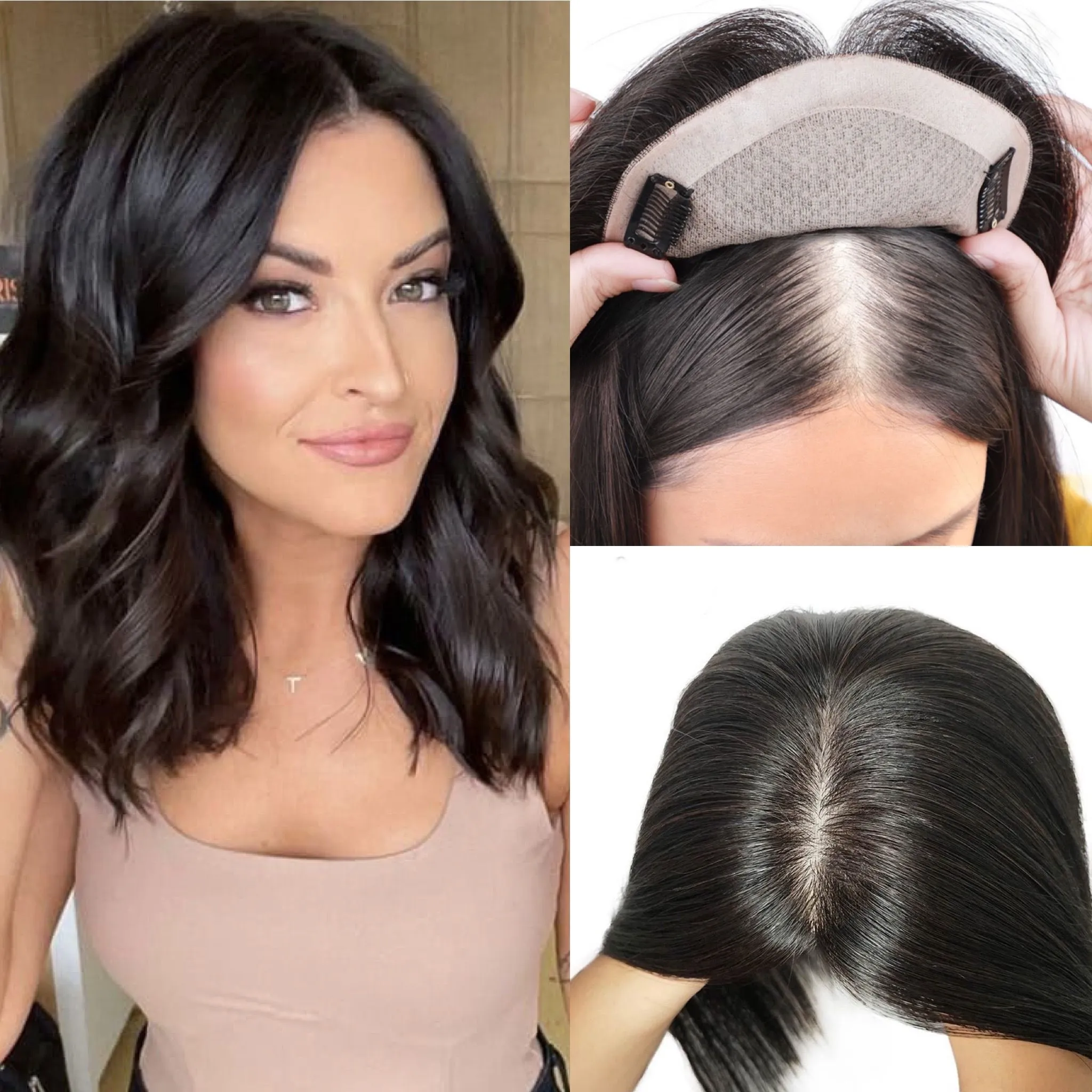 Human Hair Silk Base Topper 130% Density Clip-in Crown Hairpiece 14\