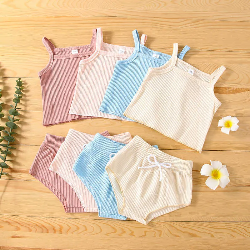 Sets Baby Girls Clothes Set PCS Summer Outfits Suit Sling Plain Color Ribbed Camisole TopsHigh Waist Bowknot Shorts Infant Clothing