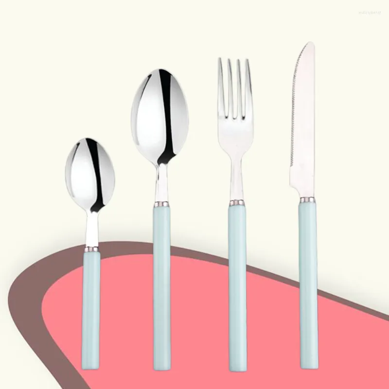 Dinnerware Sets 4PCS/Set Stainless Steel Dinner Set Cutlery Classic Fork Spoon Western Pot Cooking (Light Blue)