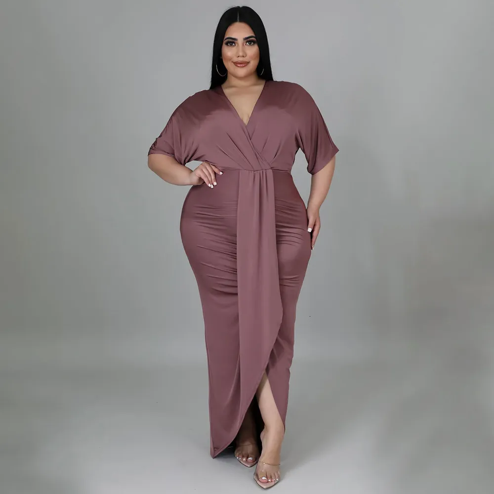 Freizeitkleider Plus Size Damen Elegante Kleider Solide V-Ausschnitt Rüschenkleider Sommer Party Club Outfit Lady Fashion Prom Abendkleider 230214