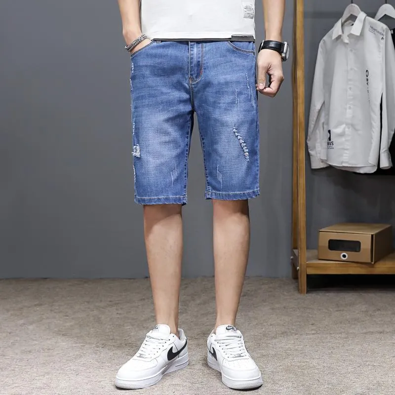 Herr jeans sommar tunna stretch denim shorts rak löst fempunkt byxor avslappnade mellersta byxor trendmens