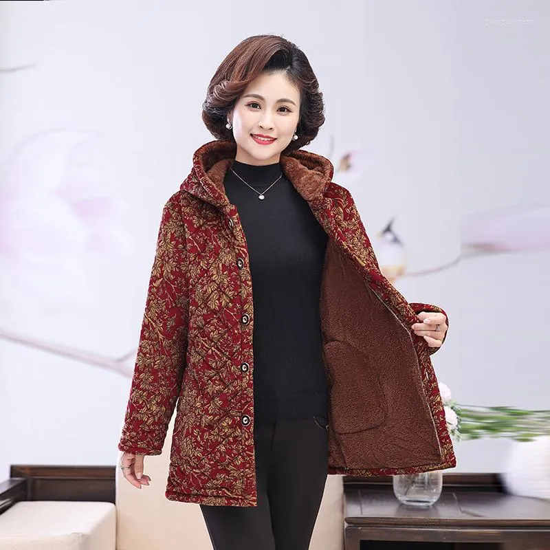 Women's Trench Coats Middle Aged Women Autumn Winter Cotton Jacket 2023 Lamb Hooded Thick Warm Long Outerwear Size 5XL Parkas Mother