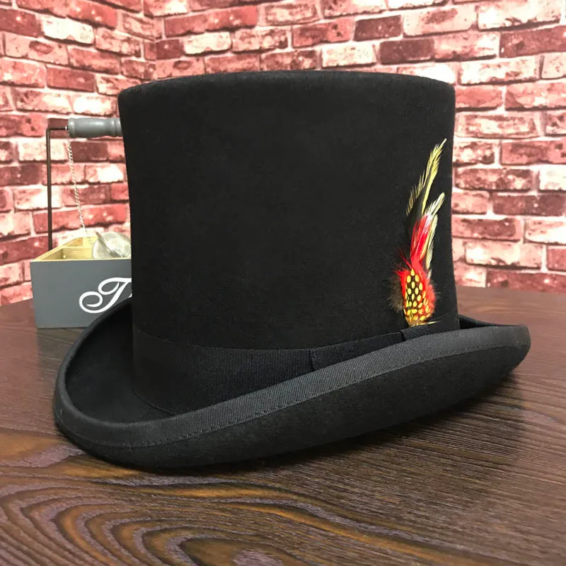Breda breim hattar hink svarta män ull fedora platt mad ter topp traditionell president party steampunk magi med fjäder 230214
