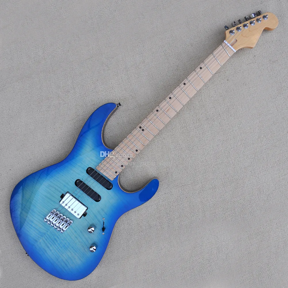 Factory Blue Incomum Shape Faned Guitar Guitar com chama Maple Fingerboard de bordo de hardware cromo de bordo pode ser personalizado