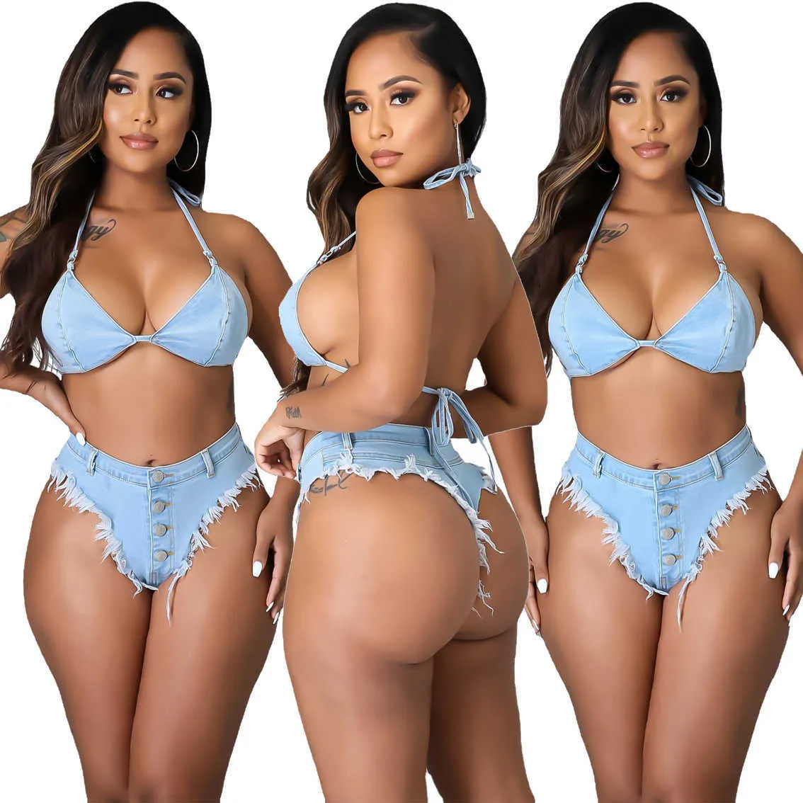 Женские купальники Sexy Denim 2 Piece Bikini Set Женский джинсовый купальник Halter Bandage Bra Мини-шорты Summer Party Clubwear Купальники Купальники J230213