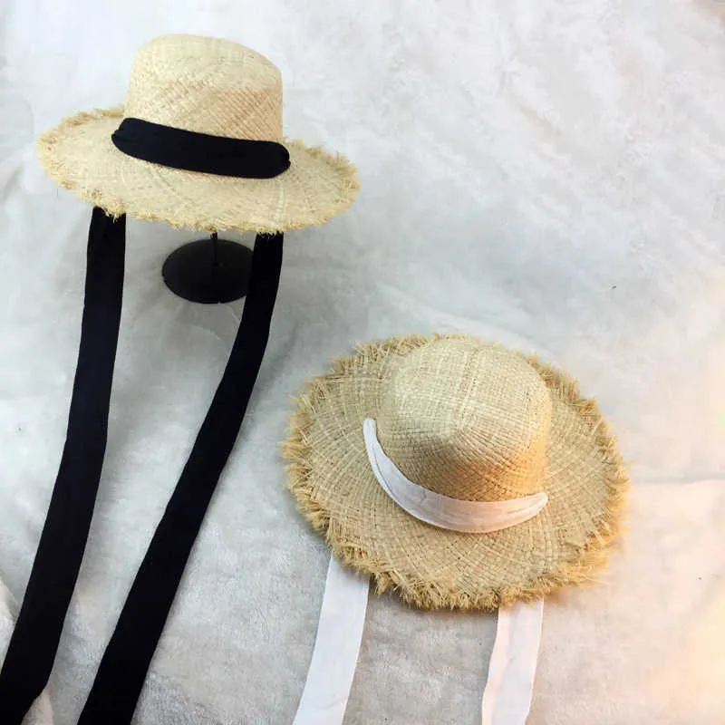 Breda bror hattar sommarkvinnor strand raffia svart vit band hatt båge raffia hatt temperament platt mössa halm hattar kvinnors havet hatt r230214