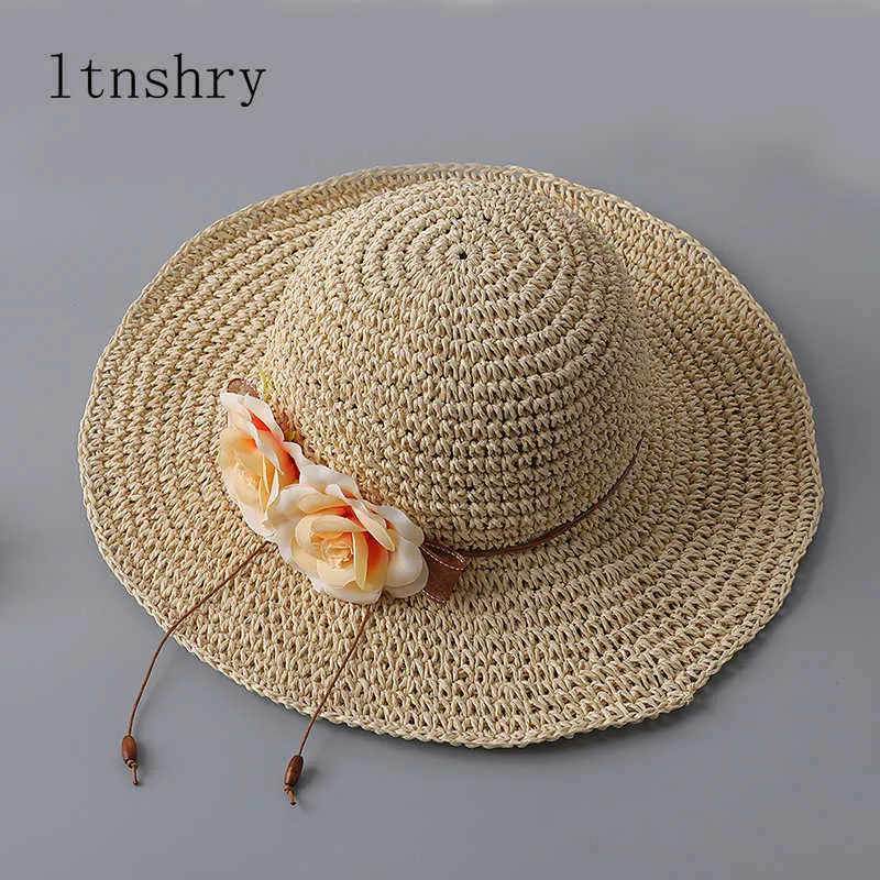 Geniş Memlu Şapkalar Geniş Yan Şerit Güneş Şapkaları Kova Şapkası Yay Çiçeği Yaz Katlanabilir El Yapımı Hasır Şapka Kadın Gündelik Şapka Kapağı Tatil R230214