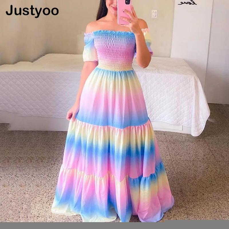 Vestidos casuales Sexy Off The Shoulder Tube Top Dress Butterfly Rainbow Vestido con estampado floral Ladies Elegant Slim Summer Bohemian Party Maxi vestidos 230214