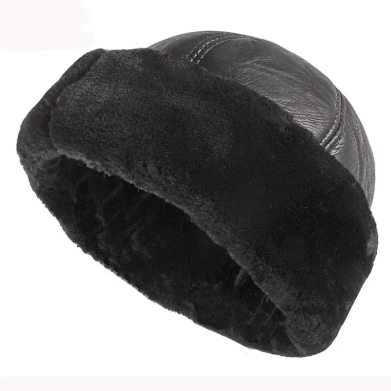 Bérets épais extérieur chaud hiver chapeau hommes noir fourrure cuir russe mâle coupe-vent neige Ski casquette polaire doublé 230214