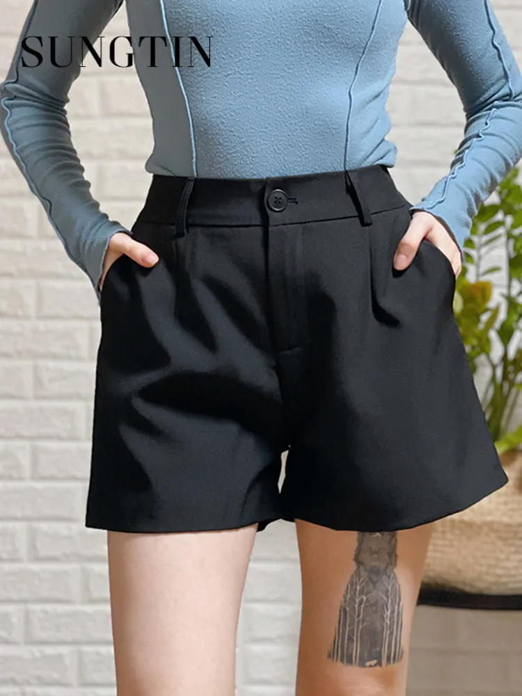 Frauen Shorts Sungtin Büro Dame Hohe Taille Frauen Breites Bein Kurze Hosen Koreanische Mode Sommer Schwarz Elegante Frau Kleidung 230214