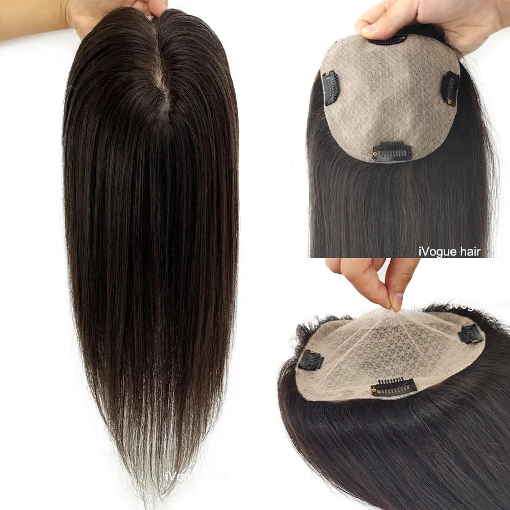 Syntetic S Skin Base Human Hair Topper med 4 klipp i Silk Top Virgin European Toupee for Women Fine Piece 12x13cm 15x16cm 230214