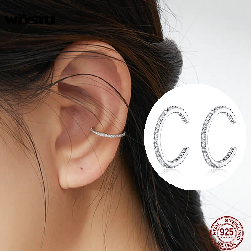 Ear Cuff WOSTU 925 Sterling Silver Ear Cuff Clip Earrings Round Zircon Without Piercing Stack Earrings For Women Fashion Jewelry CQE842 230214