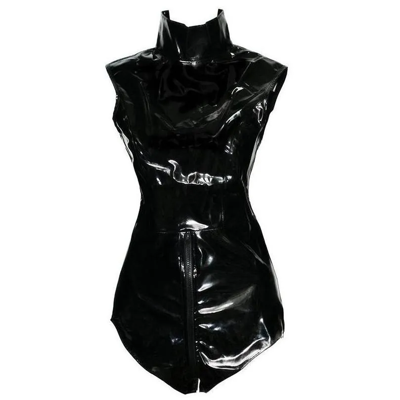 clubwear crotchless catsuit costumes black latex bodysuit vinyl leather lingerie fetish bondage dress erotic pvc leotard big sale