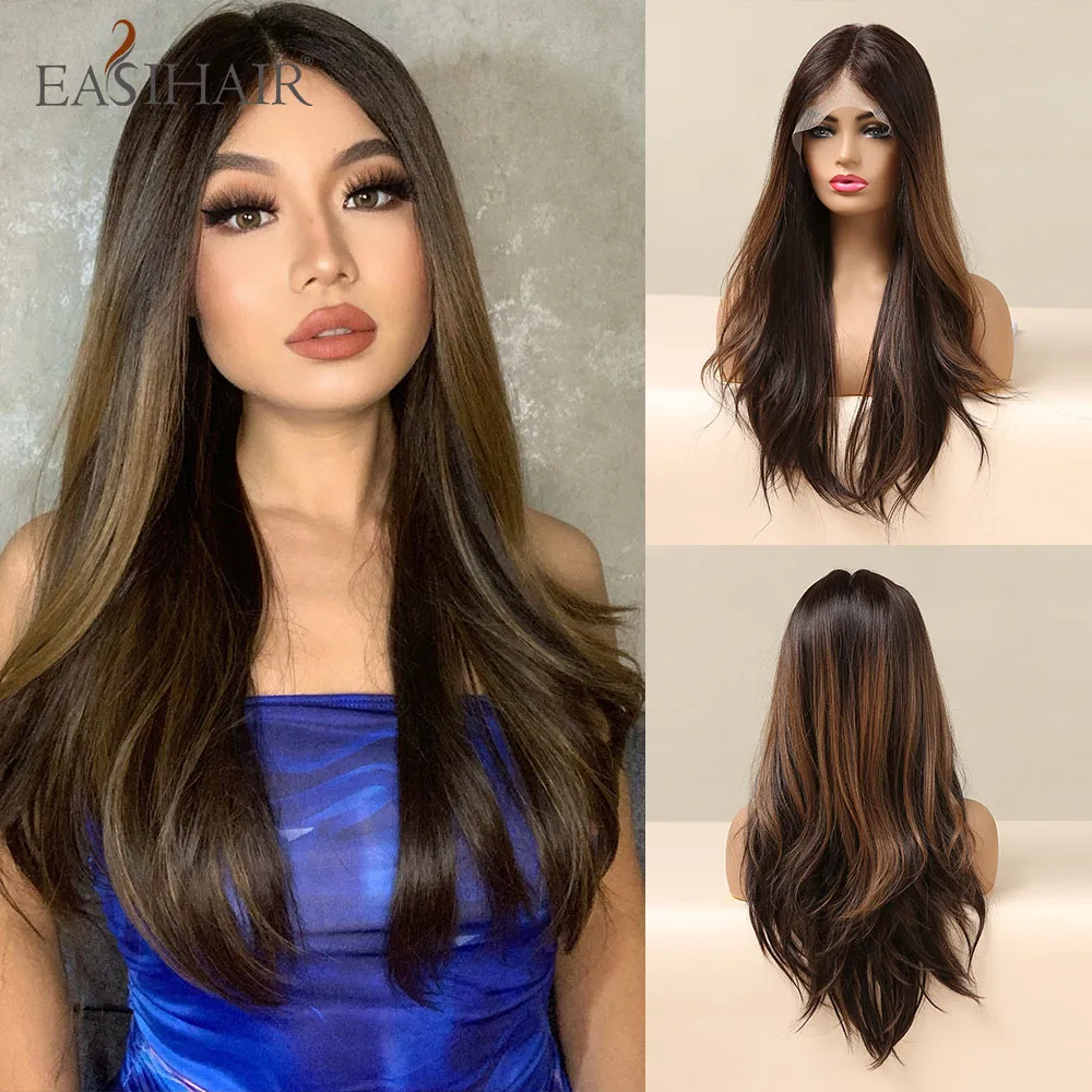 Spetsspärrar easihair långbrun front syntetiskt naturligt hårblondhöjd frontal peruk för kvinnor cosplay hög densitet 230214