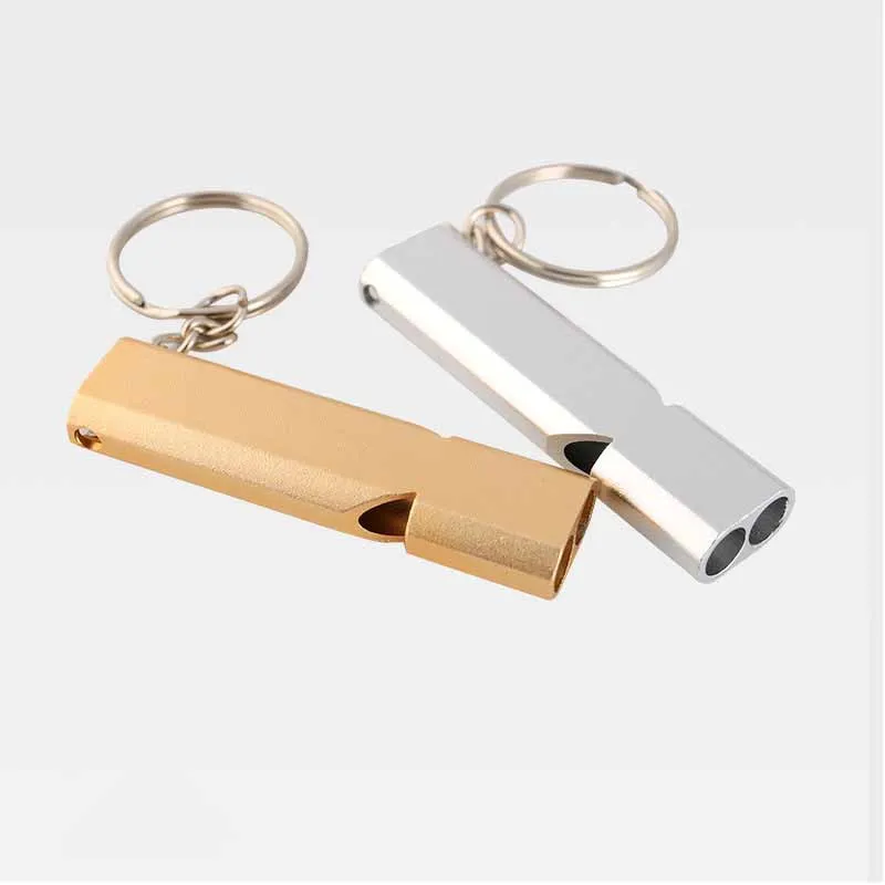 Key Rings Dual-tube Survival Whistle Portable Keychains Aluminum Safety Whistle for Outdoor Hiking Camping Survival Emergency Ke