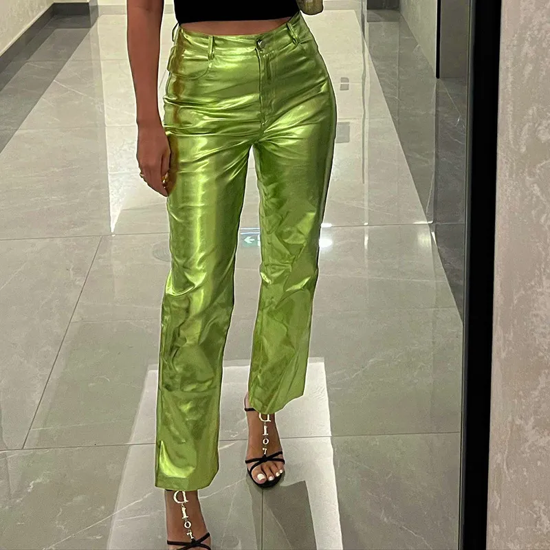 Women's Pants s Shiny Gilding PU Leather Women High Waist Button Fly Straight Trousers Fashion Casual Streetwear Y2K Clothes Bottom 230214