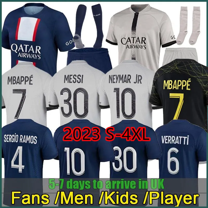 22 23 Hakimi Mbappe Player #30 Voetbaltruien Sergio Ramos Maillots de Football 2023 Marquinhos Verratti PSGS Hakimi Men Kids Kit Shirt Uniformen Maillot Foot Derde