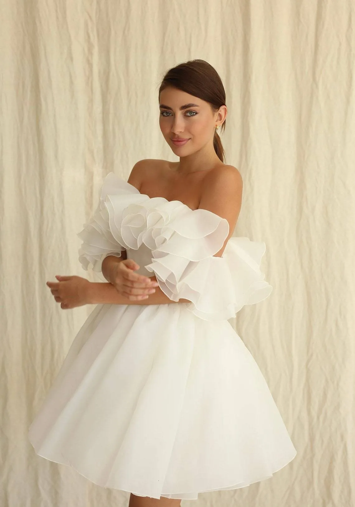 Party Dresses Summer Wedding Short Ball Gown Organza Simple Bridal Clows Formal Off Shoulder Ruffles Strap Mini Bride Dress 230214