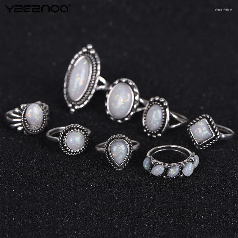 Küme Yüzükleri 8pcs/Set Beyaz Renk Gerçek 925 STERLING Gümüş Takı Kadınlar Satı İnce Bant Doğal Ateş Opal Taşı