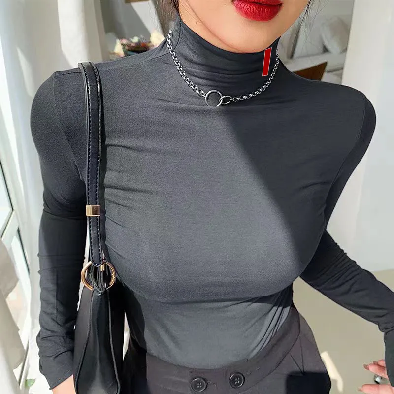 Womens Blouse Shirts High Neck Designer Turtleneck Shirt Woman Slim Blouses Tees S-3XL