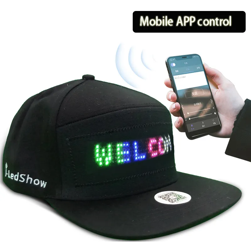 Czapki czapki z czapką Modną Spójność Wiadomości Wyświetlacza Wyświetlacza LED Hip Hop na imprezę tańca telefon komórkowy Kontrola aplikacji Świec Prezent 230214