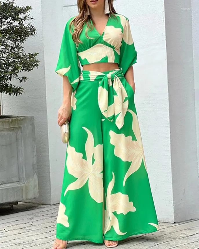 Women's Two Piece Pants Spring Autumn Lantern Sleeve Tropical Print Crop Top & Wide Leg Set Women Matching Printing V-Neck Loose