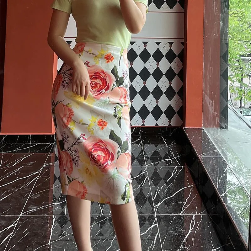Юбки элегантная женская офисная юбка мода цветочная цветочная винтажная принт с высокой талией растяжка карандаша миди