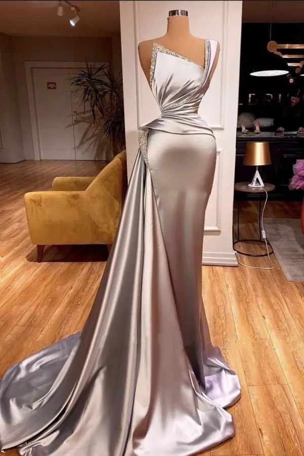 Robes de soirée élégante soirée en argent 2023 extensible satin perlé sirène froncé une épaule formelle robes de bal occasion spéciale 230214