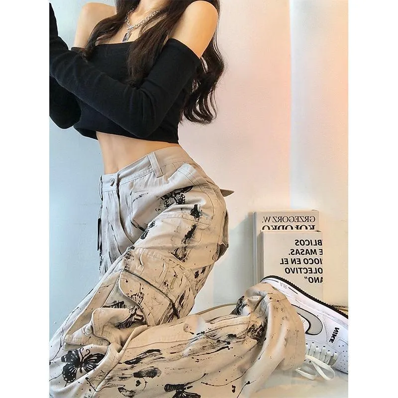 Trendy Y2k Butterfly Cargo Pants Ink Splash Tie Dye High Waisted Straight Leg From Yujia03 26.65 DHgate.Com