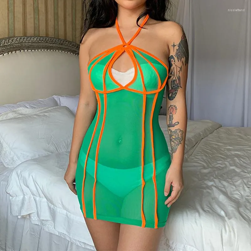 Günlük elbiseler avv yazlıklar için yazlıklar için şeffaf örgü çizgiler dikiş yular sırtsız mini seksi elbise kolsuz bodycon vestidos