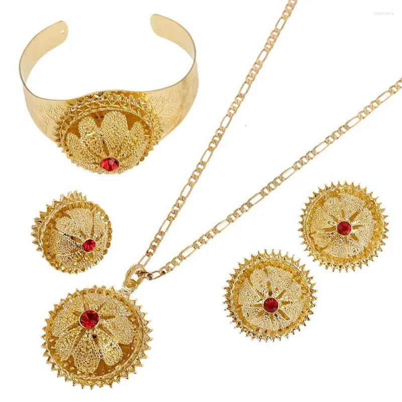 Necklace Earrings Set Ethiopian Gold Color Heavy Pendant Ring Bangle Habesha Wedding Bride Jewelry Gift