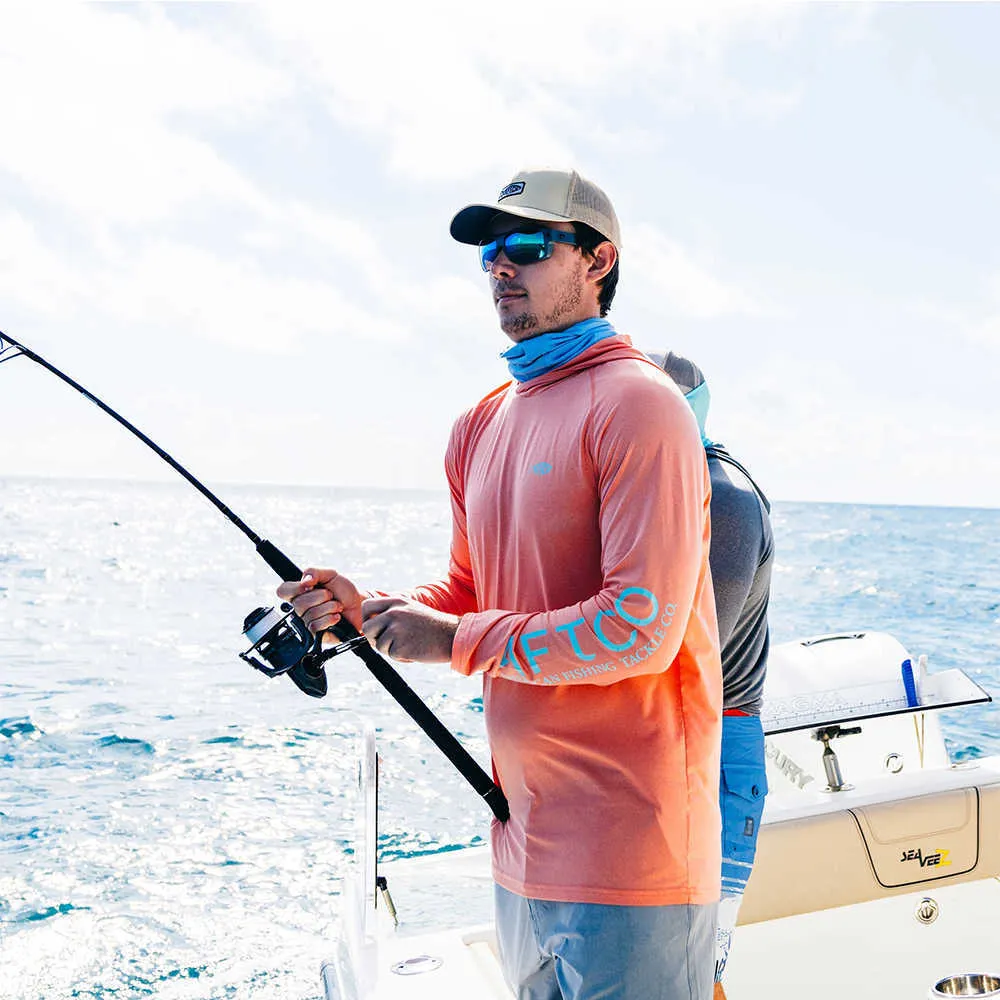 屋外 Tシャツ AFTCO 日焼け止めパーカーシャツ夏の屋外男性長袖魚シャツ日焼け防止通気性フード付き釣り服 J230214