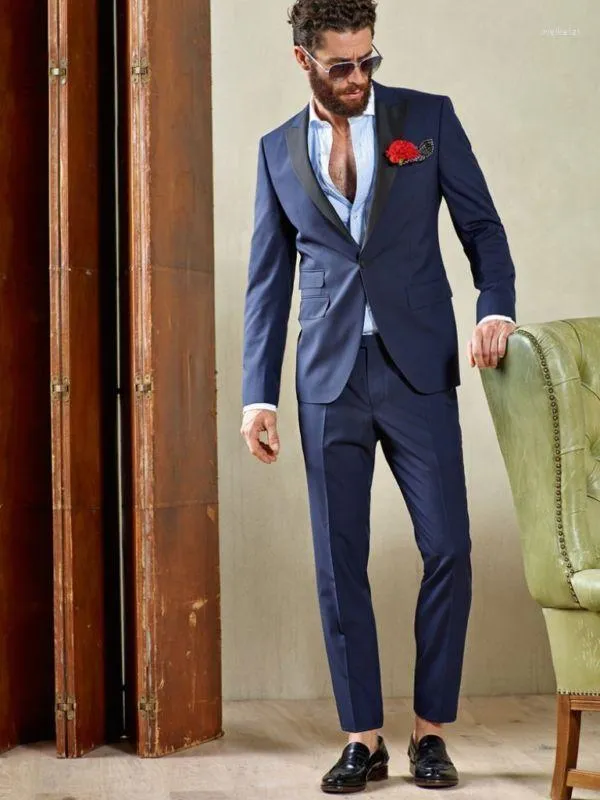 Herrdräkter högkvalitativa toppade lapel en knapp Navy Bule Men Custome Homme Fashion Tuxedos Terno Slim Fit Blazer Suits (Jacket Pant)
