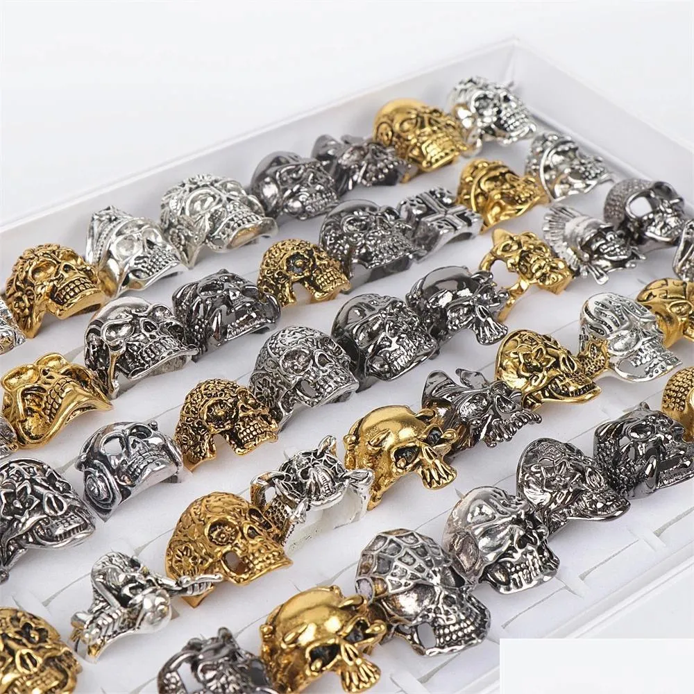 Cluster Rings Wholesale 30Pcs/Lot Metal Punk Gothic Skl Jewelry For Men Mix Style Gold Sier Black Plated Personality Gift D Dhus0