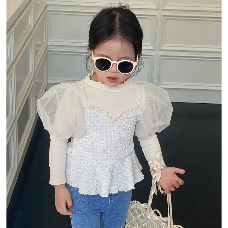 Kids Shirts Elegant Toddler Girls Lace Ruffles Hem Princess Bottom Fake 2Pc Strap Vest Tops Children Outwear 230214