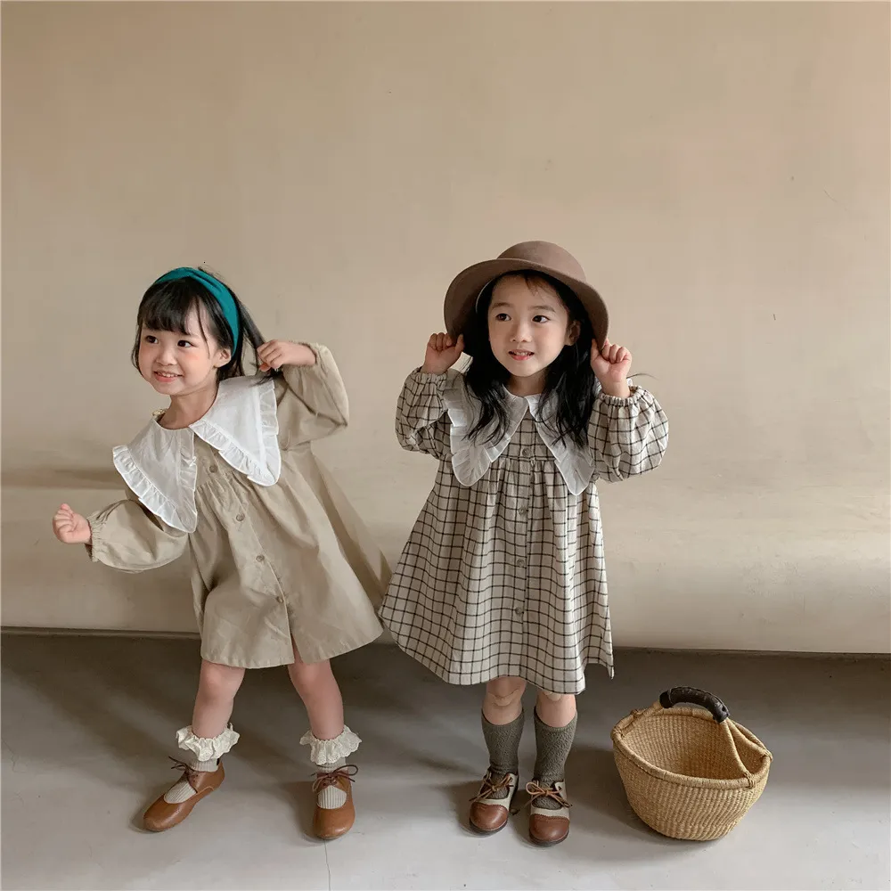 Girl's Dresses 8486 Girls Clothes Casual Autumn Korean Cotton Linen Princess Big Turn Down Collar Plaid 230214