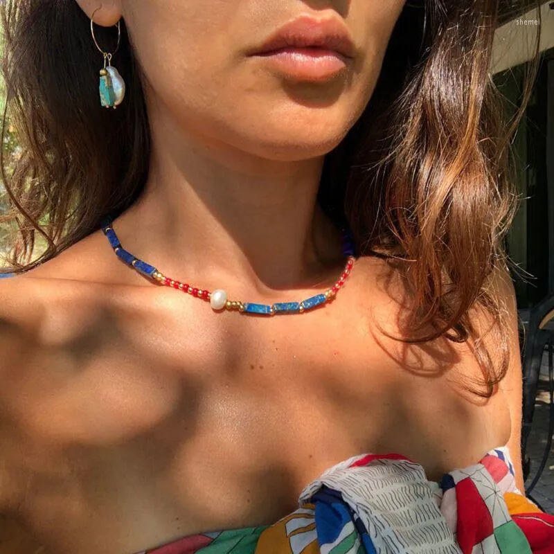 Choker Blue Semi -ädelstenar Imitation Pearl Chain Necklace For Women Red Rice Pärlor pärlor Halsband Kvinna 2023 Fashion Jewelry