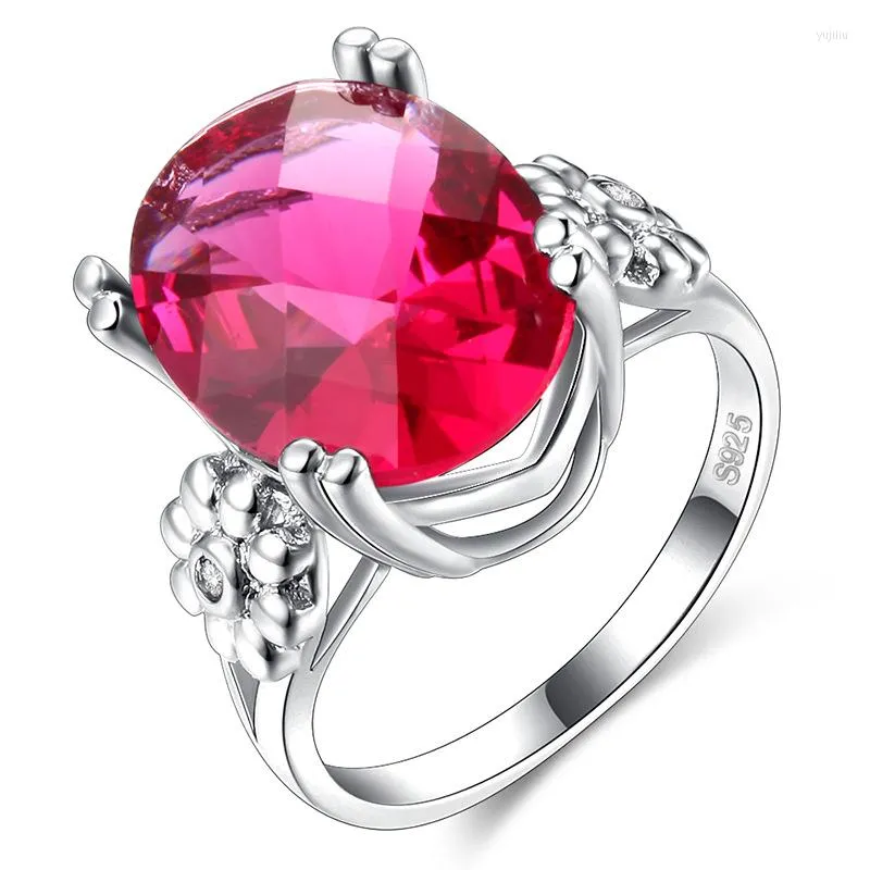 Cluster Rings Fashion Flower Jewelry 2ct Cz Rose Red Stone Wedding Band For Women Silver Color Female Ring Valentine