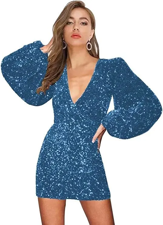 Robes de soirée mode robe de soirée à manches longues à paillettes 2023 serrée brillante sirène courte bal Vneck mini-jupe de soirée pour femmes 230214