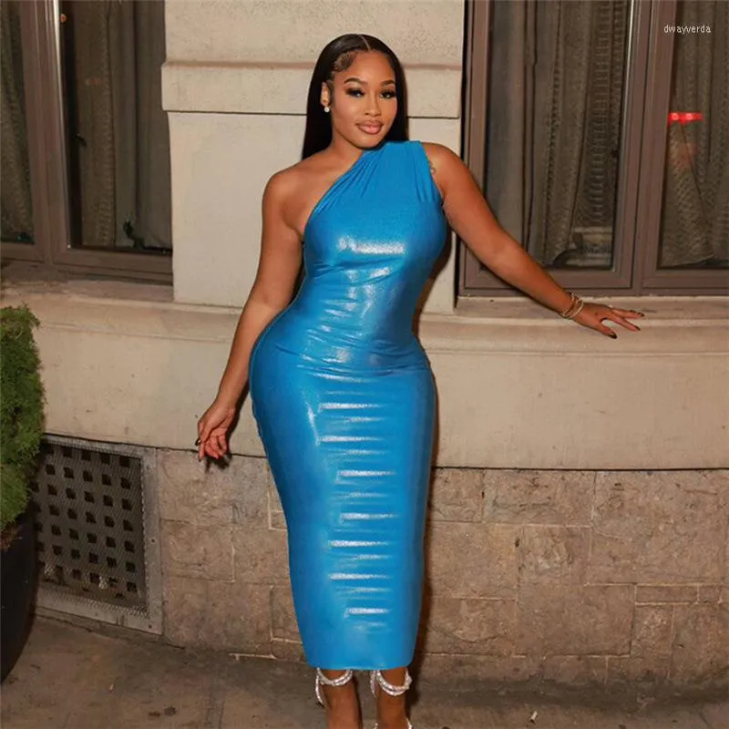 Casual Dresses Silky Solid Maxi Party Dress Women Sexy Inclined Shoulder Sleeveless Simple Bodycon Club Vestidos Y2K Clothes Birthday