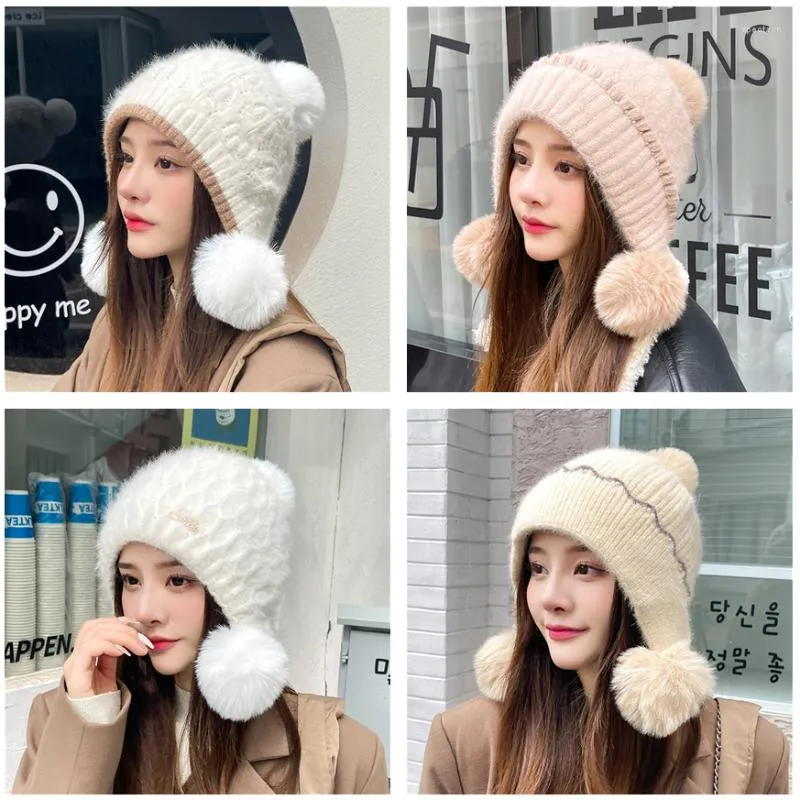 Berets Women Winter Hat With Three Pompom Fur Knitted Beanie Velvet Thick Ear Protect Cap Keep Warm Hats For Bonnet