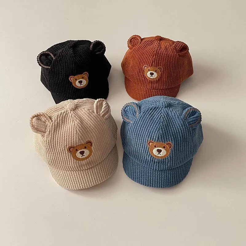 Caps Hats Childrens Kids Ed Hat Autumn Winter Warm Caps Cute Cartoon Bear Infant Corduroy Shortbrimmed Baseball 624months 230213