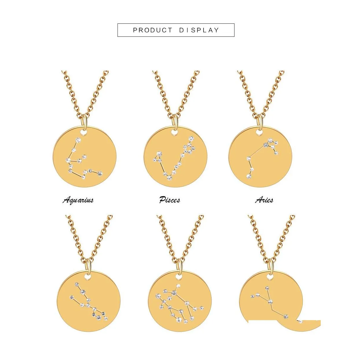 Pendant Necklaces 12 Constellation Necklace Crystal Zodiac Pendants Fashion Jewelry Will And Sandy Stainless Steel Coin Drop Delivery Dhjaw