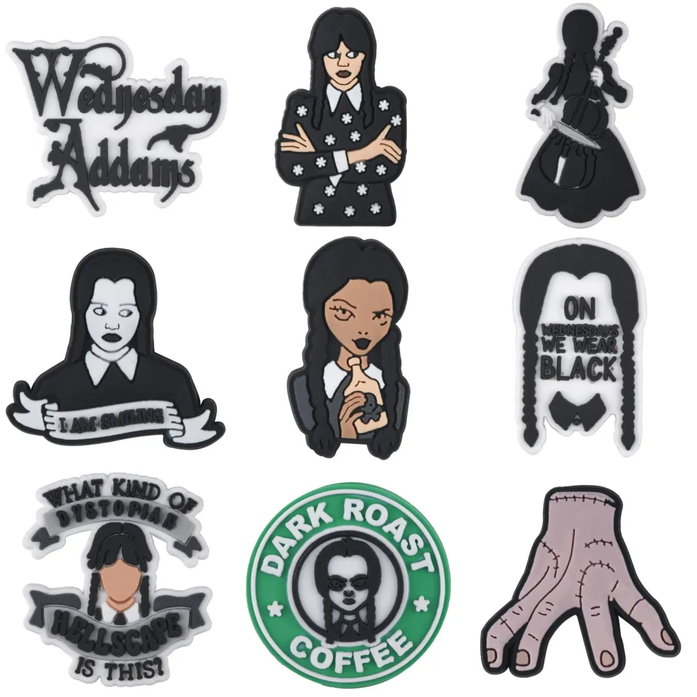 2023 PVC Wednesday Addams Family Croc Shoe Charms fit Wristband Buckles Accessories red heart gift for friend Avatar Friday