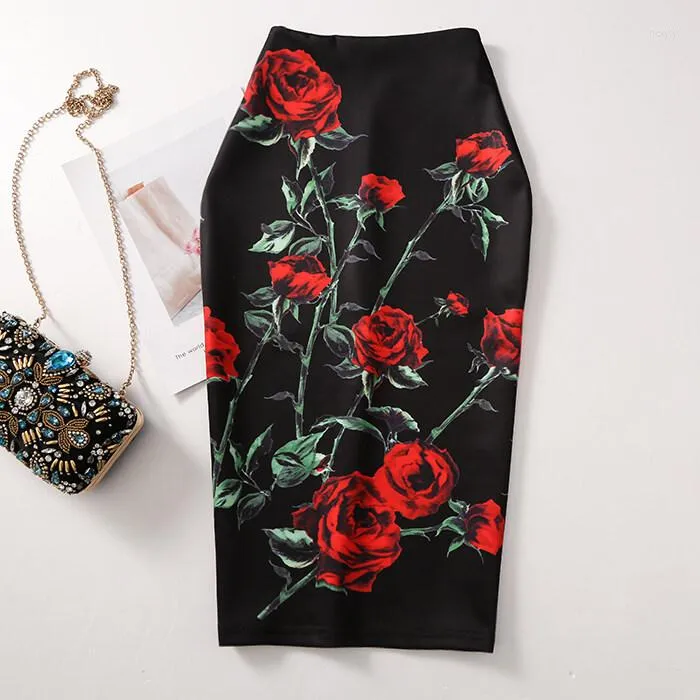 Skirts Fashion Elegant Floral Print High Waist Stretch Pencil Women OL Work Wear