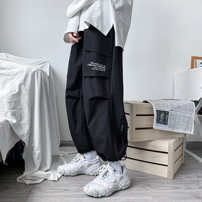 Męskie spodnie Czarne spodnie ładunkowe Mens Hip Hop Streetwear Mash